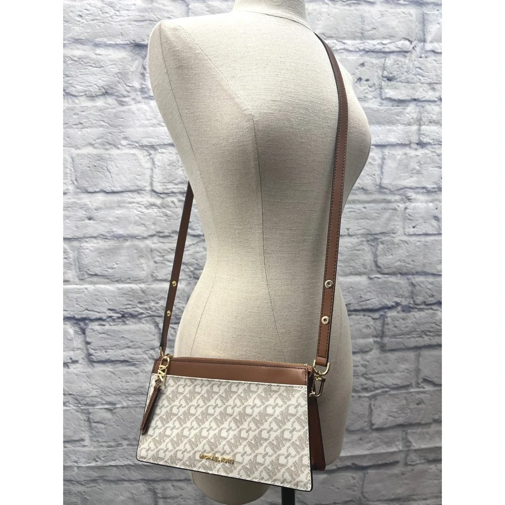 Michael Kors Crossbody Bag Women Small Brown Excellent Logo Print Gold Hardware